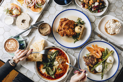 High angle view of breakfast on table