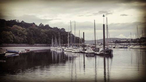 Sailboats moored on sea against sky