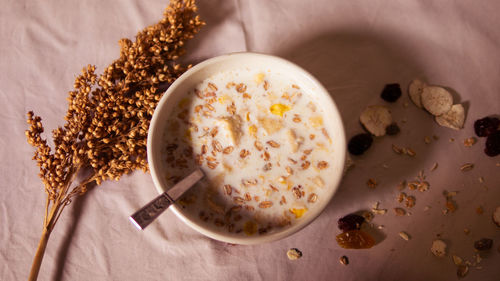 High angle view of breakfast on table