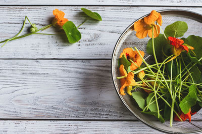 High angle view of leaves on table