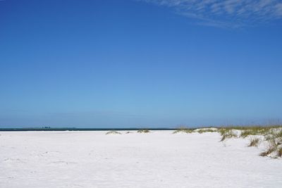 Scenic view of beach against clear blue sky