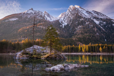 Scenic view of lake by mountains against sky