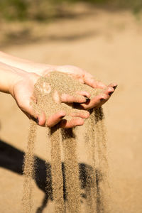 Midsection of person holding umbrella on sand