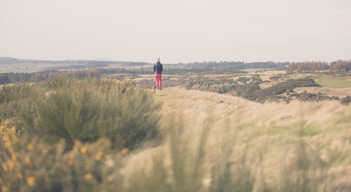 Rear view of man standing on land against sky