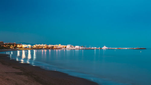 Scenic view of sea against clear blue sky