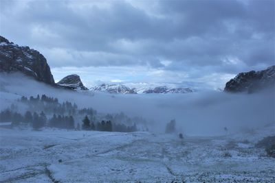 Scenic view of snow covered mountains against sky