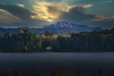 Scenic view of lake against sky during sunset