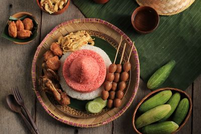 Top view selected focus red and white rice called nasi tumpeng same as indonesian national flag 