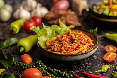 Close-up of fruits and vegetables on table