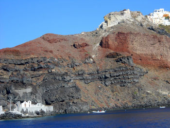 Scenic view of sea by cliff against clear blue sky