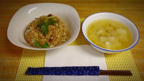 High angle view of food served on table