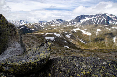Scenic view of snowcapped mountains against sky