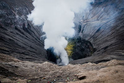 Smoke emitting from volcanic mountain