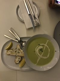 High angle view of breakfast on table