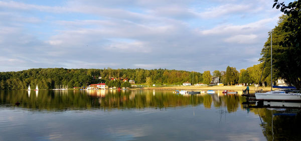 Scenic view of lake against cloudy sky