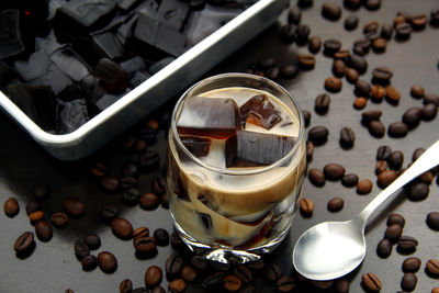 High angle view of coffee cup on table