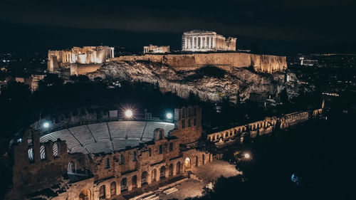 High angle view of illuminated buildings at night