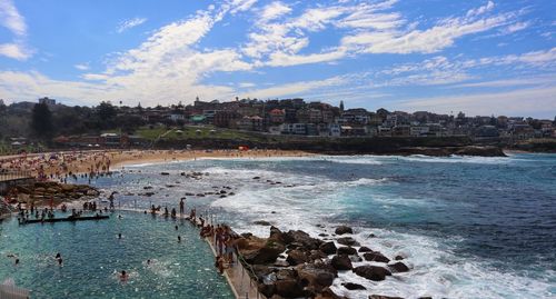 Panoramic view of beach and buildings against sky