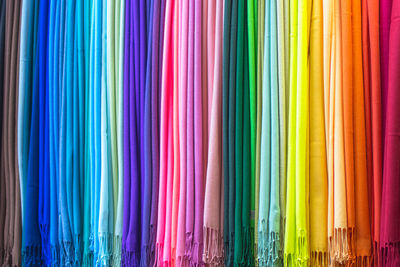 Full frame shot of colorful fabric for sale at market