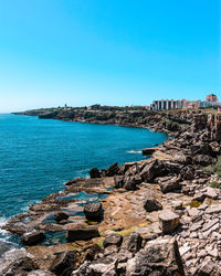 Scenic view of sea against clear blue sky