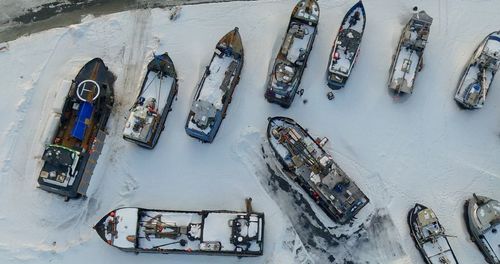 High angle view of cars in snow
