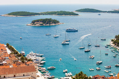 High angle view of boats in sea