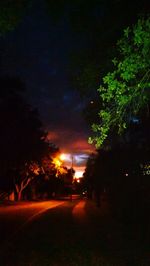 Road amidst trees against sky at night