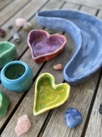 High angle view of ceramics on table