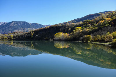 Scenic view of lake and mountains against clear blue sky