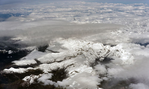 Aerial view of snowcapped landscape against sky