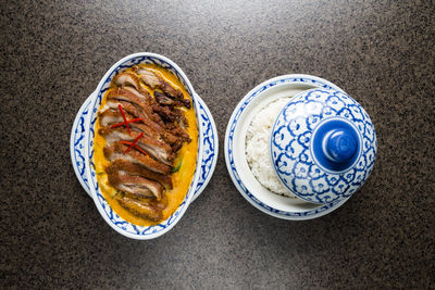 High angle view of breakfast served on table