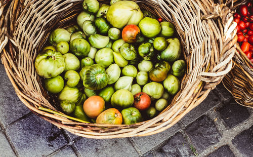 High angle view of fruits in basket