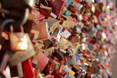 Close-up of padlocks hanging