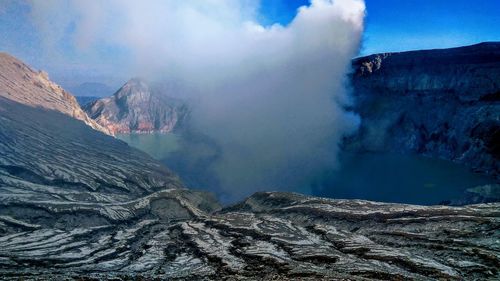 Smoke emitting from volcanic mountain against sky