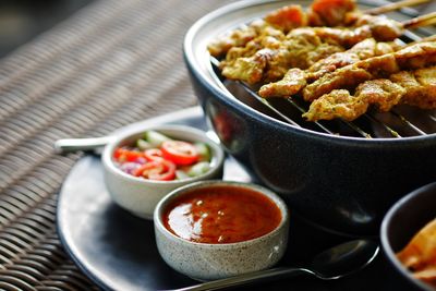 High angle view of meal served on table