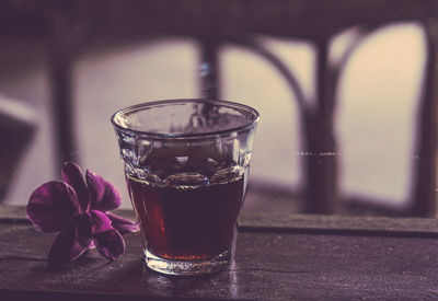 Close-up of beer glass on table
