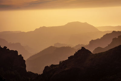 Scenic view of mountains against sky during sunset