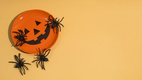 Close-up of pumpkin against orange wall