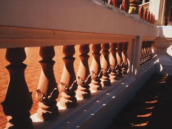 High angle view of umbrellas on railing