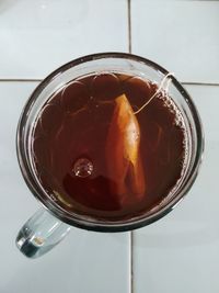 High angle view of ice cream in glass on table