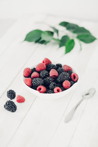 High angle view of strawberries on table