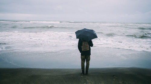 Rear view of woman standing on beach