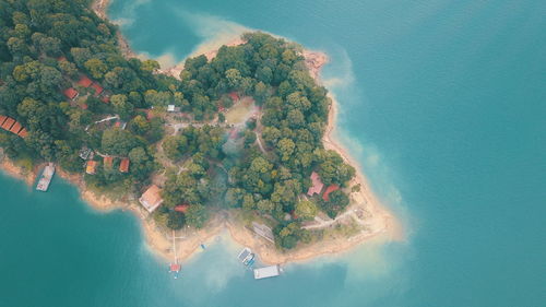 High angle view of bay against clear sky