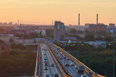 High angle view of cityscape against sky during sunset