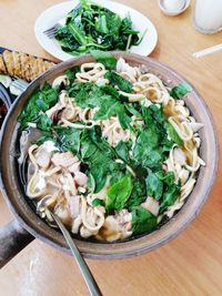 High angle view of salad in bowl on table