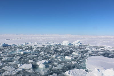 Snow covered landscape against clear blue sky