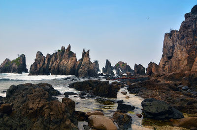 Rock formations at sea against clear blue sky