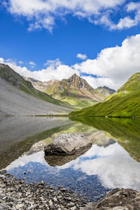 Scenic view of lake by mountains against sky