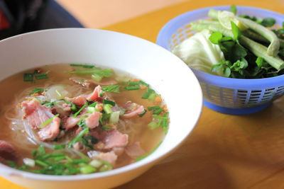 High angle view of soup in bowl on table