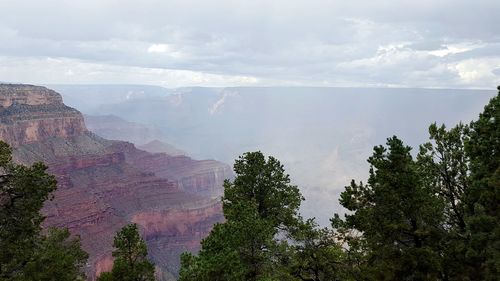 View of trees on landscape against cloudy sky